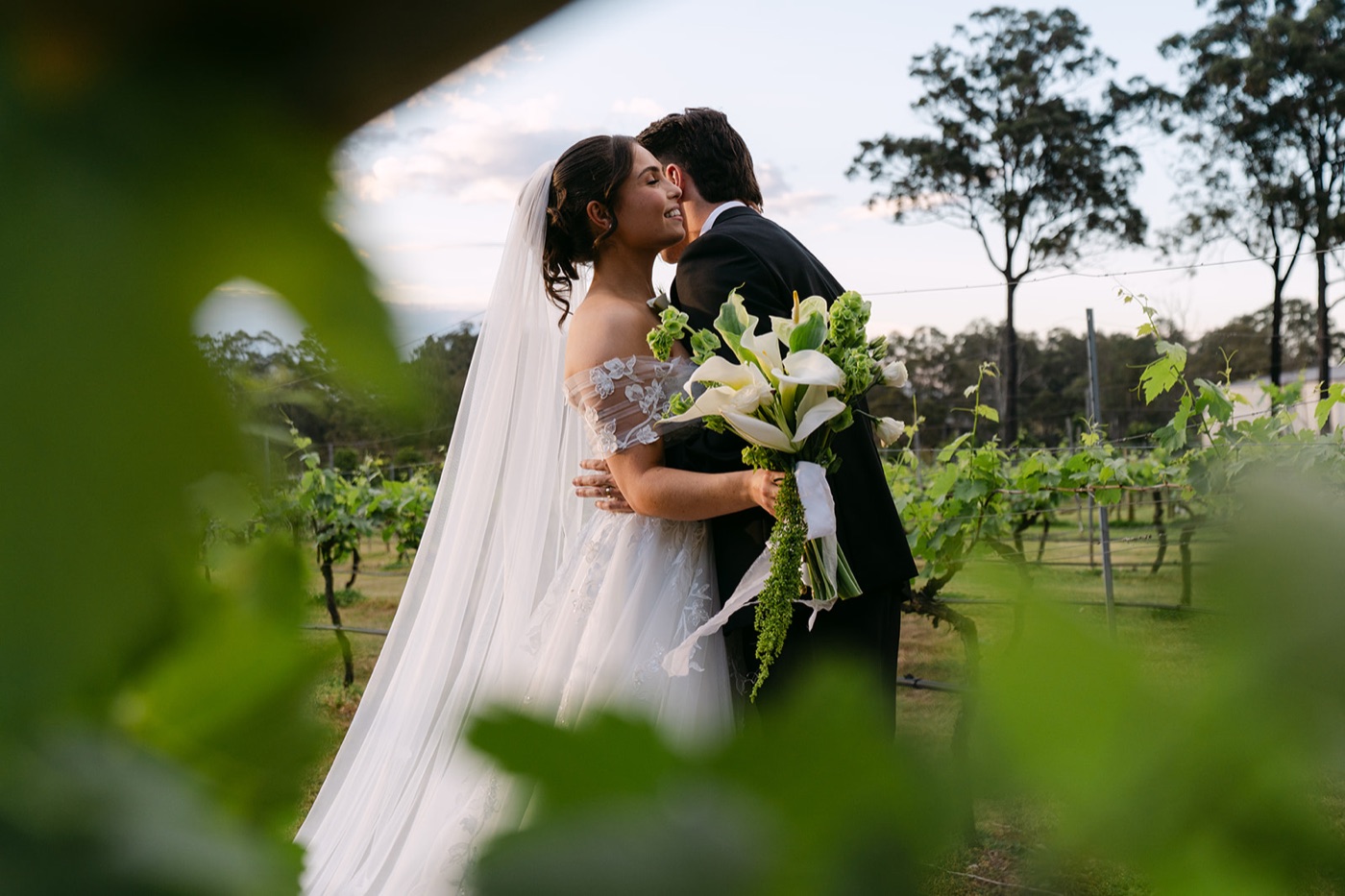 Kiss framed through vineyard leaves
